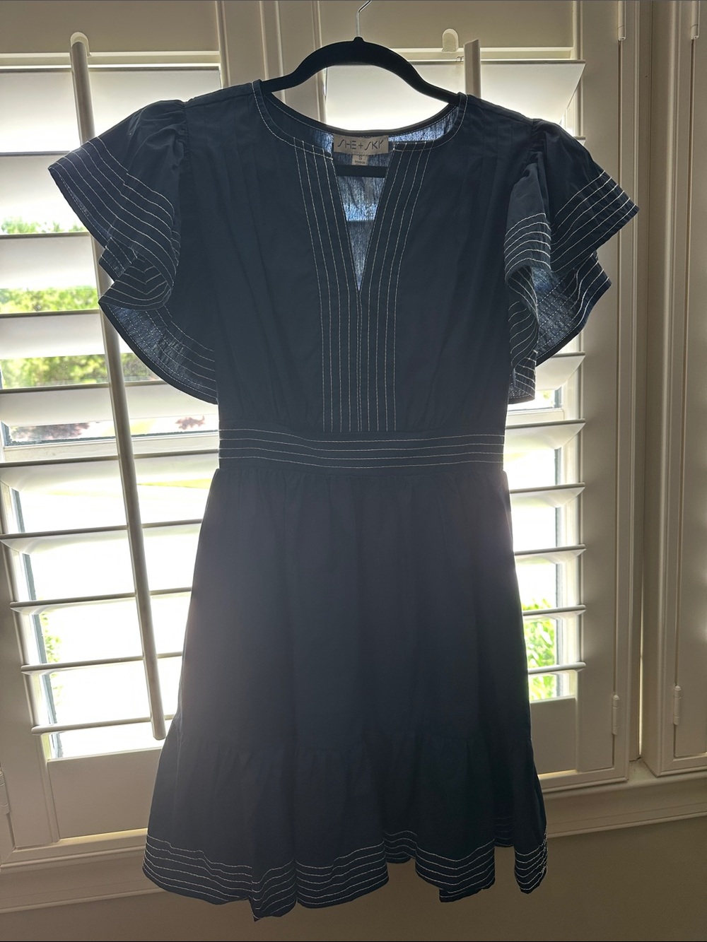 SHE + SKY Navy Dress with White Topstitching